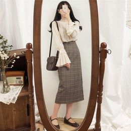 new Plus Size Harajuku Vintage Women Winter High Waist School Girl Pleated Plaid Long Skirt 210310