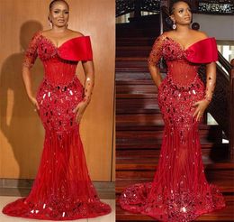Dark Plus Size Arabic Aso Ebi Red Luxurious Mermaid Prom Dresses Beaded Crystals Sheer Neck Evening Formal Party Second Reception Gowns 322