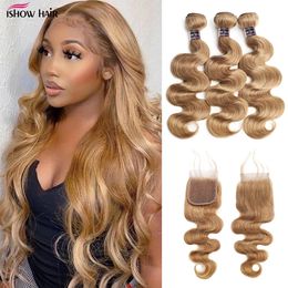 ombre human hair bundles Canada - Ishow Ombre Color Hair Weaves Weft Extensions 3 Bundles with Lace Closure T1B 27 T1B 99J Body Wave Human Hair Straight Brown Ginger