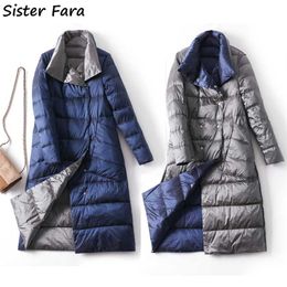 Sister Fara Winter Long Duck Down Jacket Women Warm Parka For Slim Fashion Double Sided Thick Female Plaid Coat 211216