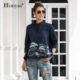 Vintage Embroidery Shirt Women Summer Autumn New Arrival Fashion 3/4 Sleeve Casual Blouses Ladies Cotton A-Line Top Blue 210225