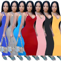 Plus size XS-5XL Women dresses sexy spaghetti strap maxi skirts fashion summer clothing bodycon dress backless solid Colour dress 4609