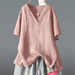 F&je Summer Women Tshirt Plus Size Short Sleeve Casual Loose V-neck Tee Shirt Femme Irregularity Vintage Cotton Linen Tops D9 210720