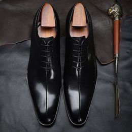 Vintage Genuine Leather Men Wedding Oxford Shoes Lace-Up Pointed Toe Waxing Process Office Business Suit Mens Dress Shoe F81