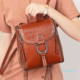 Backpack Bag Leather Handbags Korean Fashion Trend Oil Wax Belt Buckle Cowhide