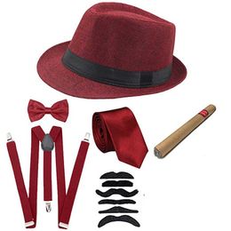 Halloween Cosplay Costume 1920s Mens Gatsby Gangster Accessories Set - Fedora Newsboy Hat Suspenders Armbands Tied Bowtie Y0903