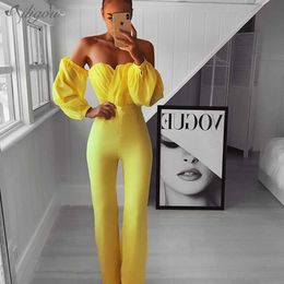 Women Party Club Yellow Sexy Off Shoulder Chiffon Long Sleeve Strapless Full Length Bandage Bodycon Jumpsuits 210527