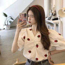 5 Style Summer Fresh Sweet V Neck Puff Short Sleeve Strawberry Embroidered Blouse Women Japan Chic Fruit Tops Blusas Mujer 210610