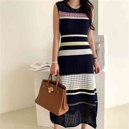 arrival Runway Knitting Hollow out maxi dress Women Sleeveless Striped Pathcwork vestido mujer verano robe femme 210603