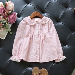 Girl Lace Blouse Long Sleeve Shirt for Girls Princess Pink School Blouses Baby Girls Peter Pan Collar Blouse Floral Kids Clothes 210306