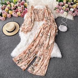 Women's Two Piece Pants Women Bohemian Print Set Off Shoulder Crop Top And High Waist Wide Leg 2 Sets Fall Fashion Loungewear