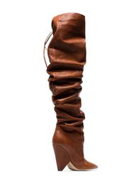 Pillage Leather 2021 Sheepskin Style Toe Pointed Knee Boots Booties Casual Party Dress Shoes Alien Heel Chunky Med Heels Pleated Drawstring Slip-on Size 35-42 5 s