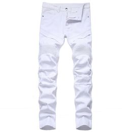 Trendy Patchwork White Pleated Men's Slim Fit Biker Jeans Solid Long Denim Pants Men Clothing Casual Hombres Motorcycle Jeans 211011