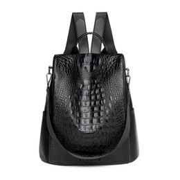 2021 New Arrival Women Pu Leather Backpack Black or Red Solid Colour Crocodile Pattern Design Classic Retro Style Series Fold Bag Q0528