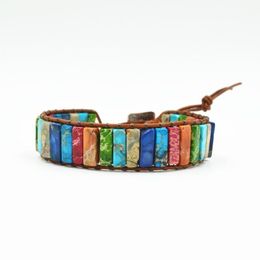 Tennis Drop Boho Natural Stone Bracelet Multicolor Chakra Yoga Jewelry Single Leather Wrap For Women Men