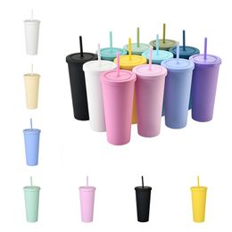 Bar tools 14 Colors Drinkware double-deck plastic straw cups coffee cup 22oz straight cup plastic Mugs ZC066