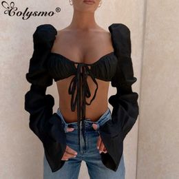 Colysmo Autumn Blusas Women Vintage Square Collar Puff Flare Sleeve Black Blouses Drawstring Pleated Casual Short Tops White 210527