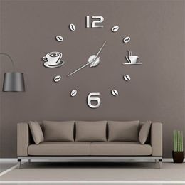 DIY Large Frameless Giant Clock Modern Design Cafe Mug Coffee Bean Decor Kitchen Wall Watch 210310