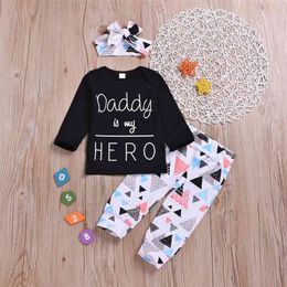 Autumn Children Sets Casual Long Sleeve Letter T-shirt Print Triangle Pants Scarf Cute 2Pcs Girls Clothes 0-24M 210629