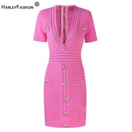 HarleyFashion New Summer European Designer Sexy V-neck Short Sleeve Candy Colour Pink Knitting Mini Sheath Sweet Dress G1214