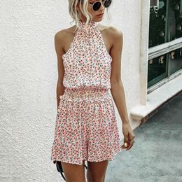 Summer Floral Print Playsuits Women Halter Off Shoulder Elastic Waist Boho Jumpsuits Female Backless Beach Wide-leg Rompers 210526