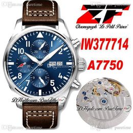 ZF Chronograph Le Petit Prince ETA A7750 Automatic Mens Watch 377714 Blue Dial Day Date Brown Leather Strap With White Line Puretime Super Version Watches N03