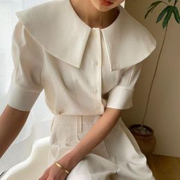 Women's Blouses & Shirts Summer White Shirt Personality Big Lapel Ladies Tops 2021 Retro Short Sleeve Loose Button Up Elegant Blouse Women B