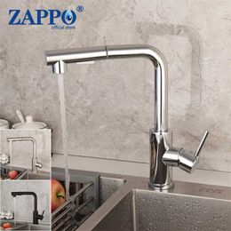ZAPPO Chrome Finished Kitchen Basin Sink Faucet 360 Swivel Vessel Sink Mixer Pull Out Spout and Cold Water Taps Faucets 211108