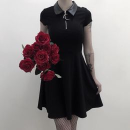 Grunge Aesthetic Vintage Pleated Evenging Party Dresses Gothic Elegant Solid Zipper Dress Patchwork Ruffle Vestidos C0304