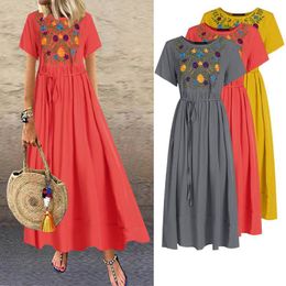 2020 ZANZEA Women Long Shirts Dress Vintage Embroidery Dresses Casual Short Sleeve Summer Vestidos Beach Party Robe Femme Dress Y0118