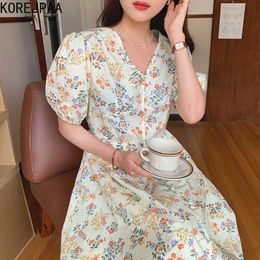 Korejpaa Women Dress Summer Korea Fashion Gentle Elegant Print V Neck Single Breasted Loose High Waist Strap Floral Dresses 210526