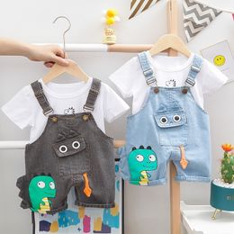 clothes boy summer jeans suspenders pants girl cute cartoon dinosaur short sleeve Baby two-piece suit 210309