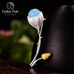 Lotus Fun Real 925 Sterling Silver Natural Stone Handmade Designer Fine Jewellery Elegant Buds Brooches for Women Bijoux 210628