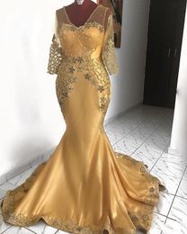 Elegant V-Neck Gold Mermaid Formal Evening Dresses For Women Appliques Lace Beaded Pearls Long Celebrity Party Gowns African Trumpet Prom Dress 2022 robes de soirée