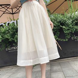 French Elegant Chiffon Pleated Skirt Women Vintage Elastic High Waist Long Skirt Korean Summer Autumn Pink White Midi Long Saia 210619