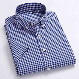 High Quality Men's Oxford Casual Shirts Leisure Design Plaid Men's Social Shirts 100% Cotton Short Sleeve Men's Dress Shirts 210708