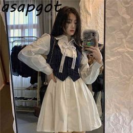 Chic Casual White Bow Puff Long Sleeve Turn Down Collar Shirt Dress Mini with Blazer Vest Vintage Fashion 2piece Set Korean Wild 210730