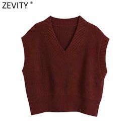 Zevity Spring Women Fashion V Neck Solid Colour Casual Sleeveless Vest Knitting Sweater Chic Lady Leisure Wine Red Tops S562 210603