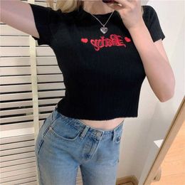 Korea Style Baby Embroidery Pink T Shirts Women Harajuku Summer Stretch Knitted Short Sleeve Crop Top Tee T-shirt Femme Y0629