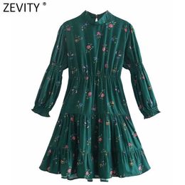 Zevity Women Vintage Stand Collar Floral Print Casual Slim Mini Dress Female Chic Pleats Elastic Ruffles A Line Vestidos DS8182 210603