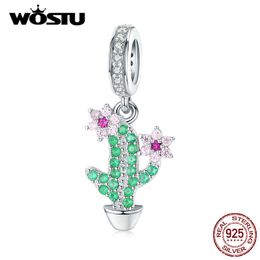 WOSTU New Fashion 925 Sterling Silver Cactus & Flower Beads Green Zircon Fit Original Bracelet Pendant Charms DIY Jewellery CTC121 Q0531