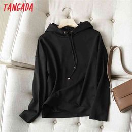 Tangada Women Black Hoodie Sweatshirts Fashion Oversize Ladies Pullovers Hooded Jacket 6D84 210805