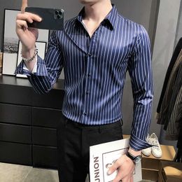 Spring Men's Striped Shirt Long Sleeve Slim Fit Streetwear Casual Shirts Business Dress Social Party Blouse Chemise Homme 210527