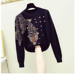 Autumn new women's o-neck beading rhinestone embroidery fish pattern luxury knitted sweater jumper tops SMLXL