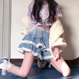 Skirts Denim Skirt Female Japanese Preppy Style Sweet And Cute Lace Puff Ulzzang Harajuku High Waist Casual