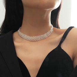 Fashion Female Transparent Crystal Beaded Handmade Chokers Necklaces For Women Simple Grid Shape Geometric Necklace Jewellery