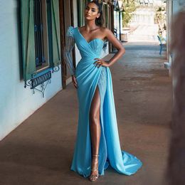 Light Blue One Shoulder Mermaid Evening Dresses High Sexy Side Split Beaded Formal Prom Party Second Reception Special Occasion Gowns