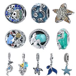 BISAER Dropshipping 925 Sterling Silver Mermaid Tail Starfish Tropical Fish Beads Charms fit Charm Bracelets Silver 925 Jewelry Q0531