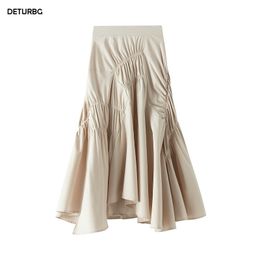Women's Elegant Pleated Midi Skirt Ladies Casual High Waist Solid Color Asymmetrical Black A-line Skirts Spring Saias SK505 210309