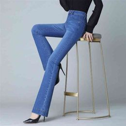 Flared Jeans Woman Middle Waist Women Classic Pants Stretch Denim Flare Korean Fashion Jean Pantalon Femme Blue Mujer 210809